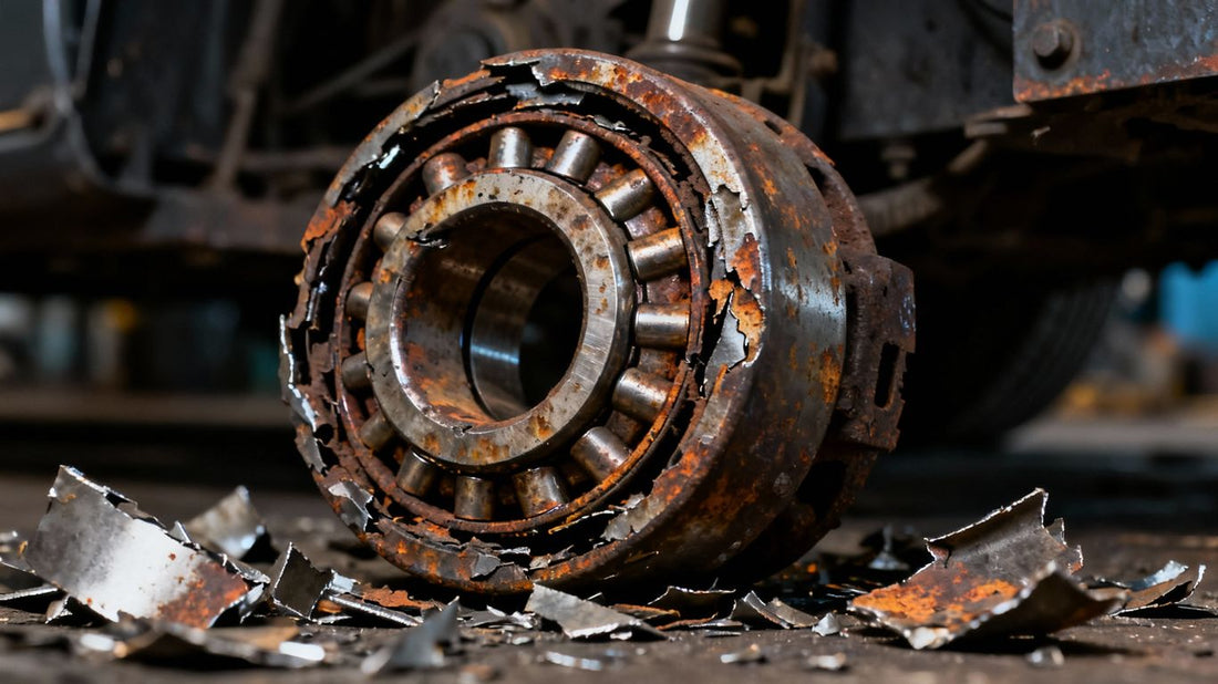 Damaged and rusted wheel bearing with metal debris.