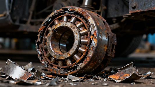 Damaged and rusted wheel bearing with metal debris.