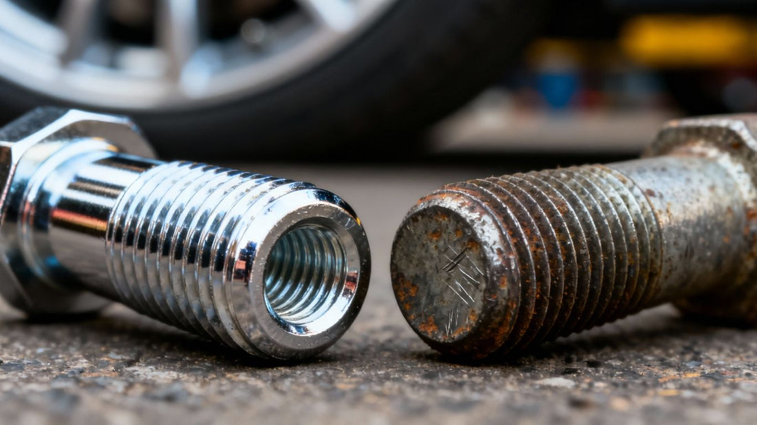 Shiny new aftermarket wheel studs compared to old ones.