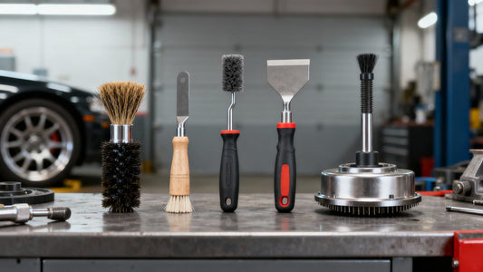 Five essential automotive hub cleaning tools on a workbench.