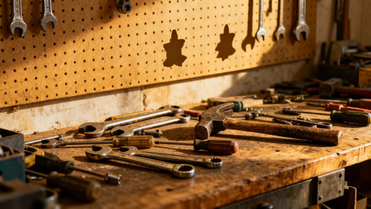Workshop tools scattered, some missing from pegboard outlines.