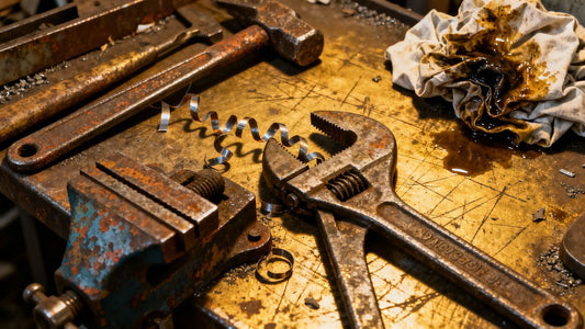 Workshop tools and metal shavings on a workbench.