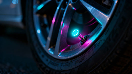 Car tire valve cap glowing brightly at night.