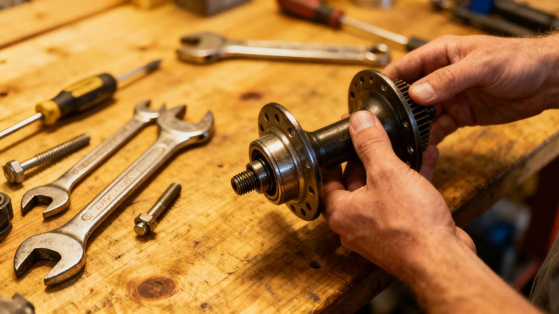 Tools and hands working on hub maintenance.