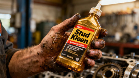 Mechanic's hands holding Stud Kleen bottle.
