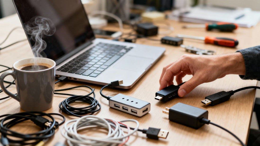 Desk with scattered hub tools and a reaching hand