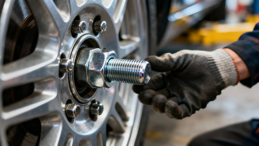 Close-up of a car wheel stud with a gloved hand.