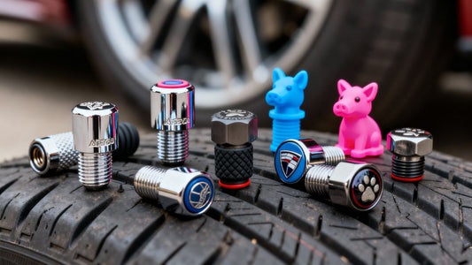 Close-up of colorful and metallic car tire valve caps.