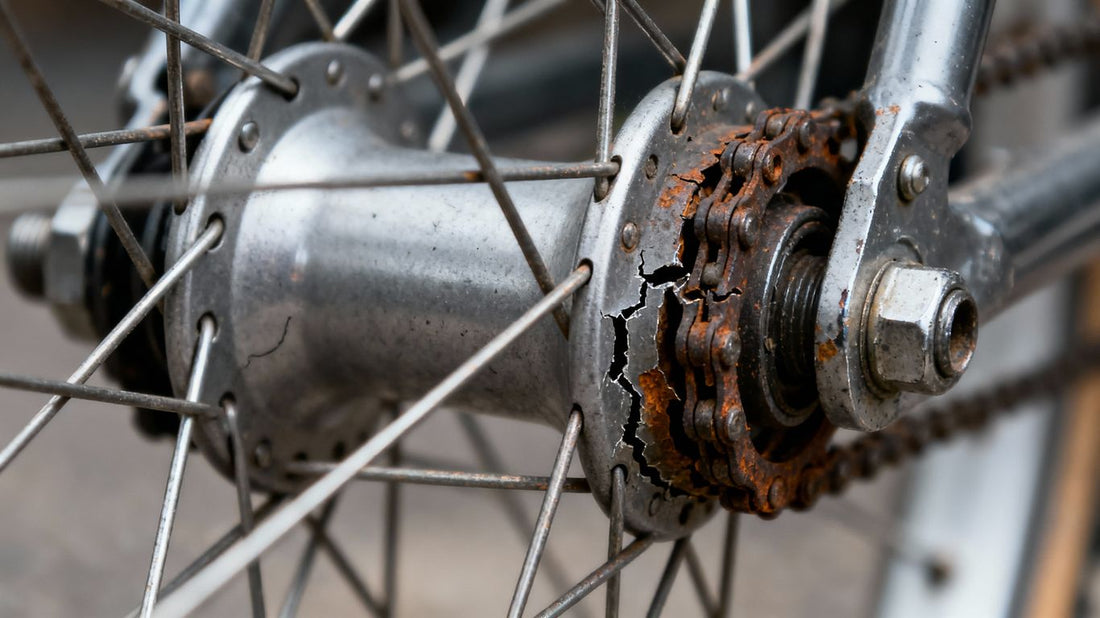 Damaged bicycle wheel hub next to a healthy one.