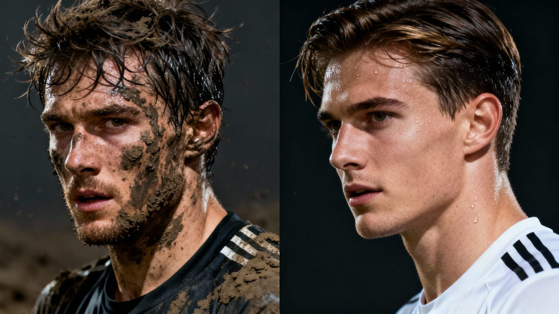 Dirty and clean men posing side by side dramatically