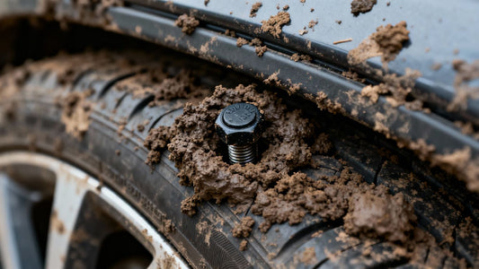 Mud-covered tire valve stem on an off-road vehicle.