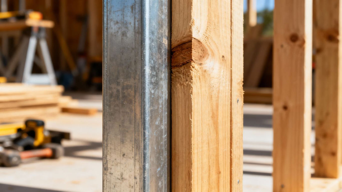 Steel and wooden studs on construction site background