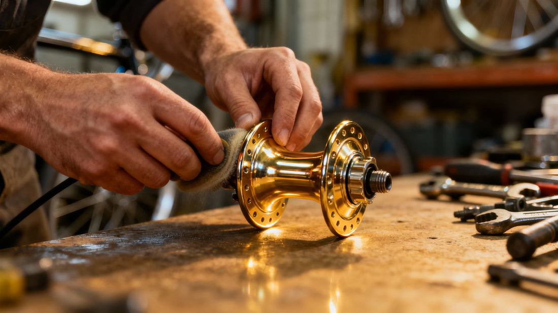 Mechanic cleaning bicycle hub with tools in workshop