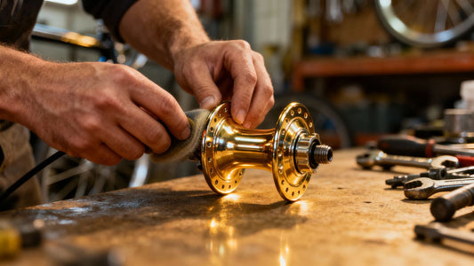 Mechanic cleaning bicycle hub with tools in workshop