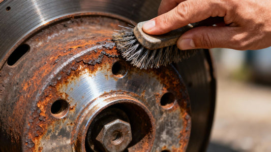 Cleaning a rusty hub with a wire brush.