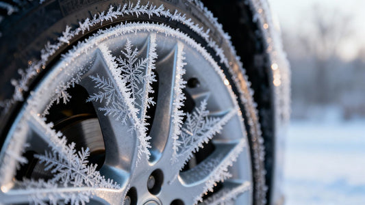 Frozen car hubcap with frost and ice crystals.
