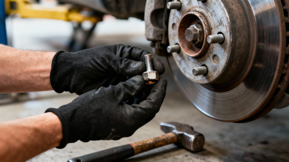 Mechanic replacing a car wheel stud with tools.