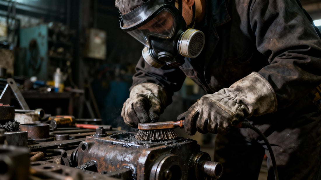 Worker cleaning industrial equipment with protective gear.