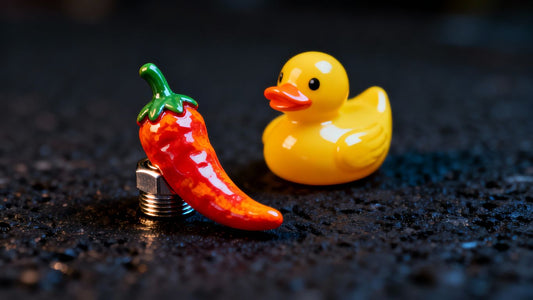 Novelty valve caps shaped like chili pepper and rubber duck.