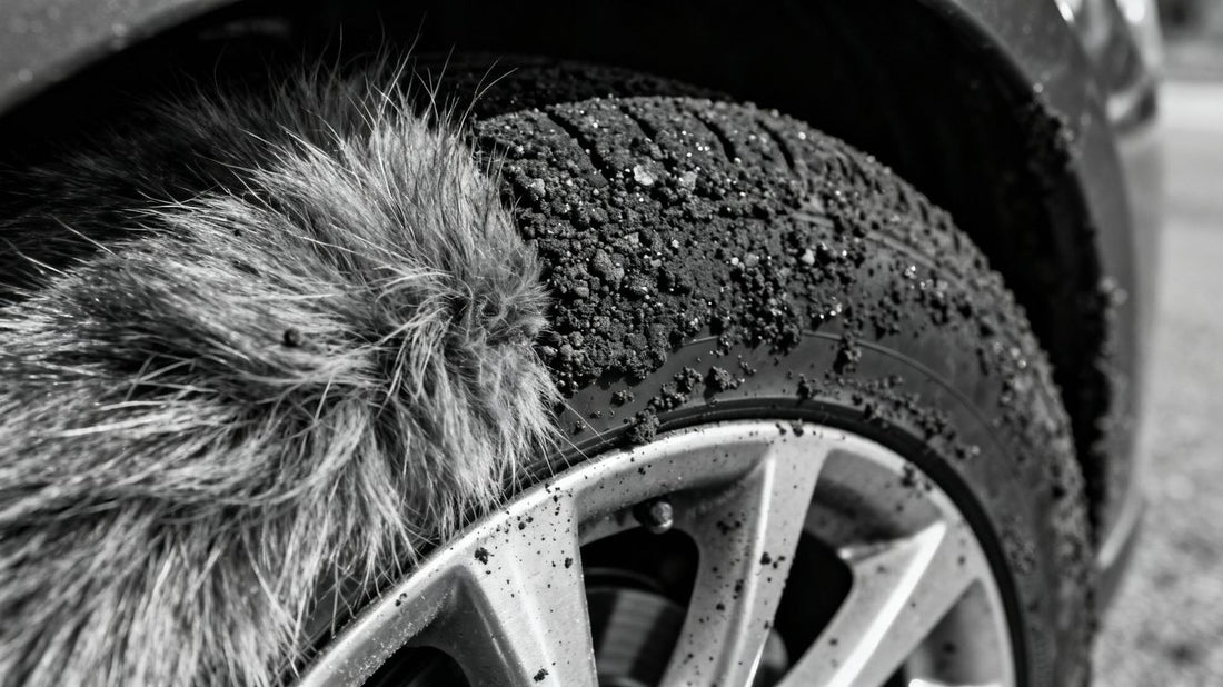 Car hub with pet hair and road grime.