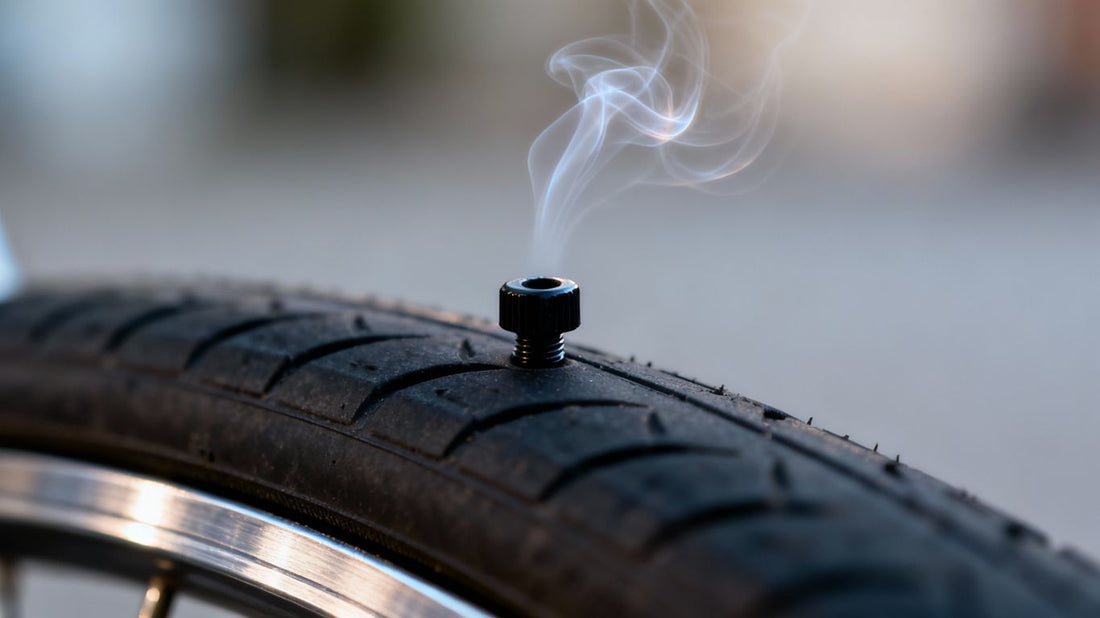 Tiny valve cap leaking air from a tire valve stem.