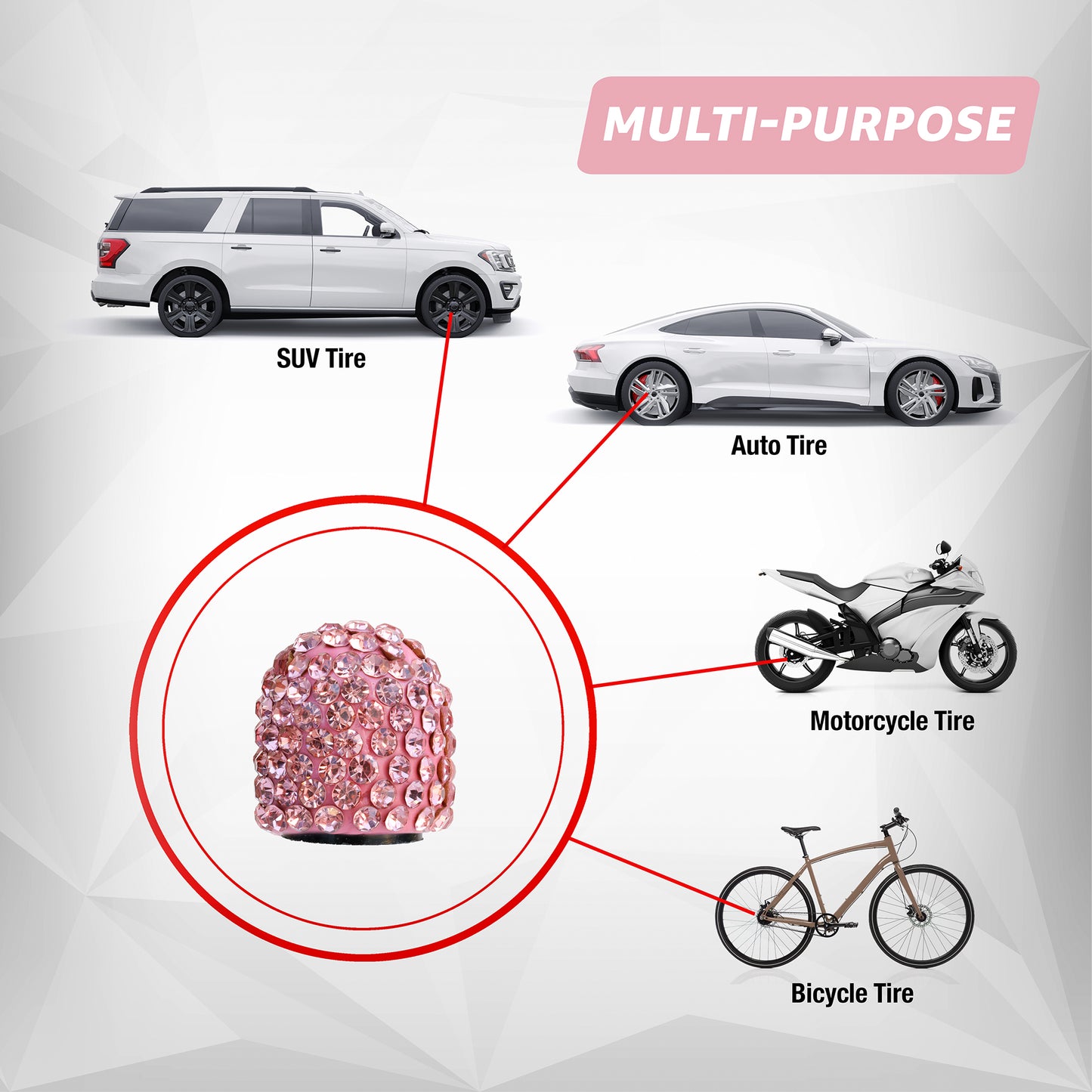 Pink Crystal Rhinestone Tire Valve Caps - Bling Car Accessories