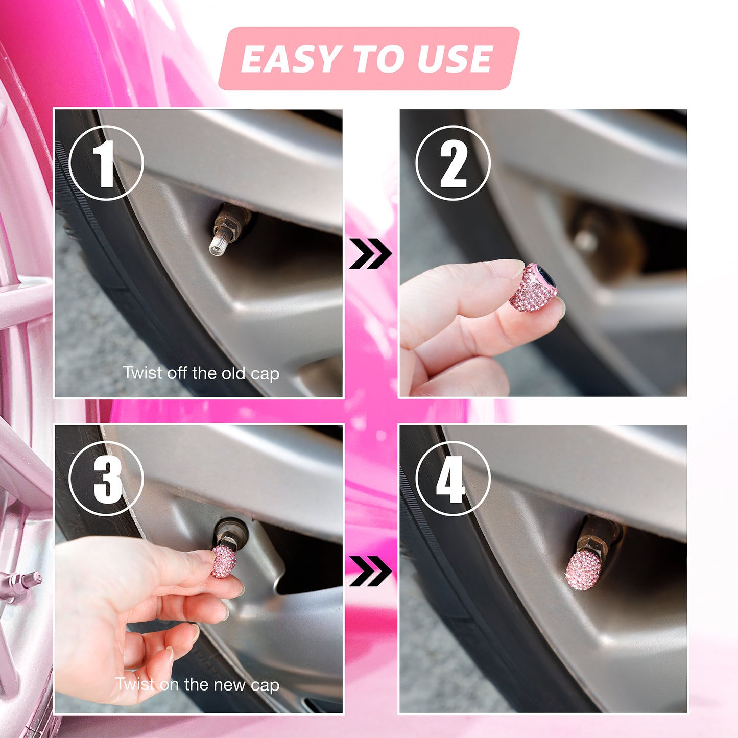 Pink Crystal Rhinestone Tire Valve Caps - Bling Car Accessories