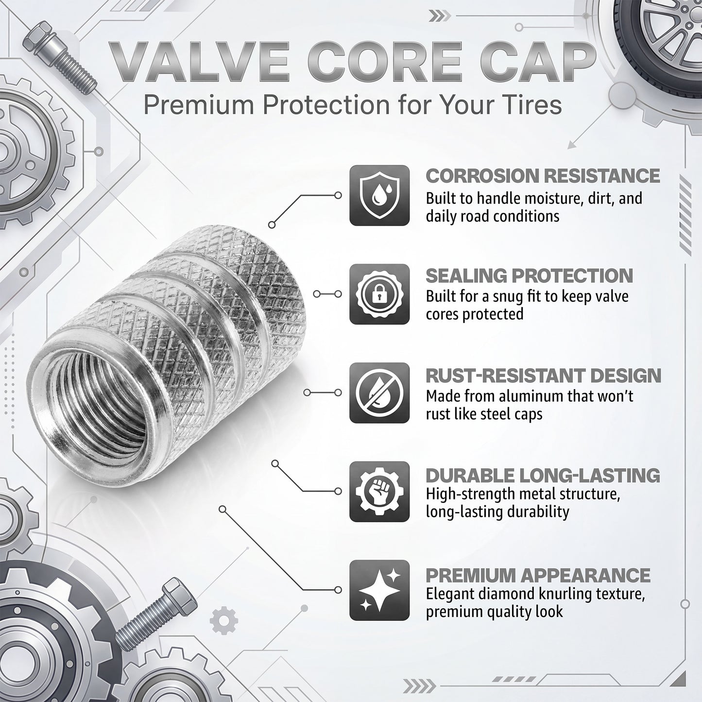 Silver Aluminum Tire Valve Caps (4-Pack) – Rust-Resistant Metal Stem Covers