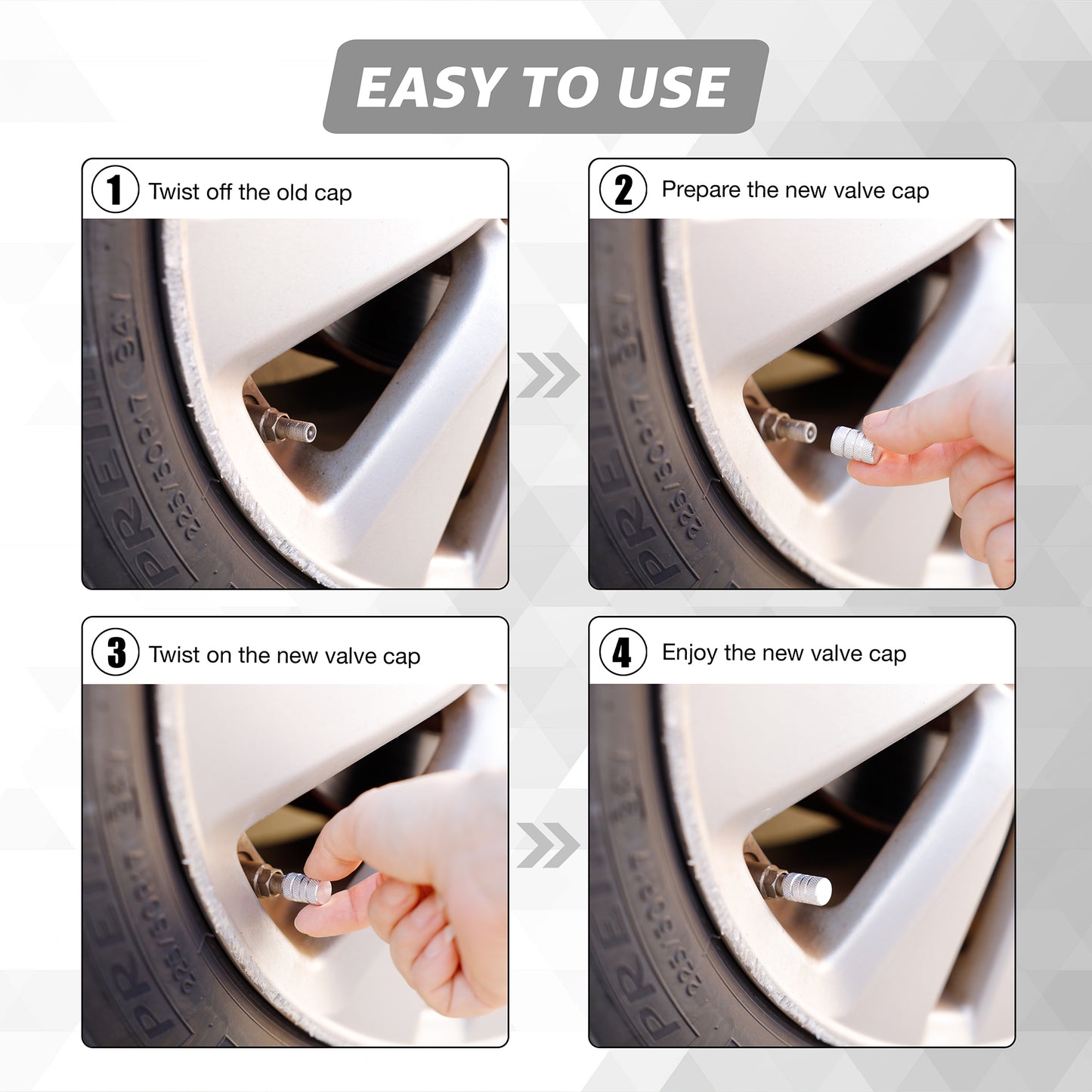 Silver Aluminum Tire Valve Caps (4-Pack) – Rust-Resistant Metal Stem Covers