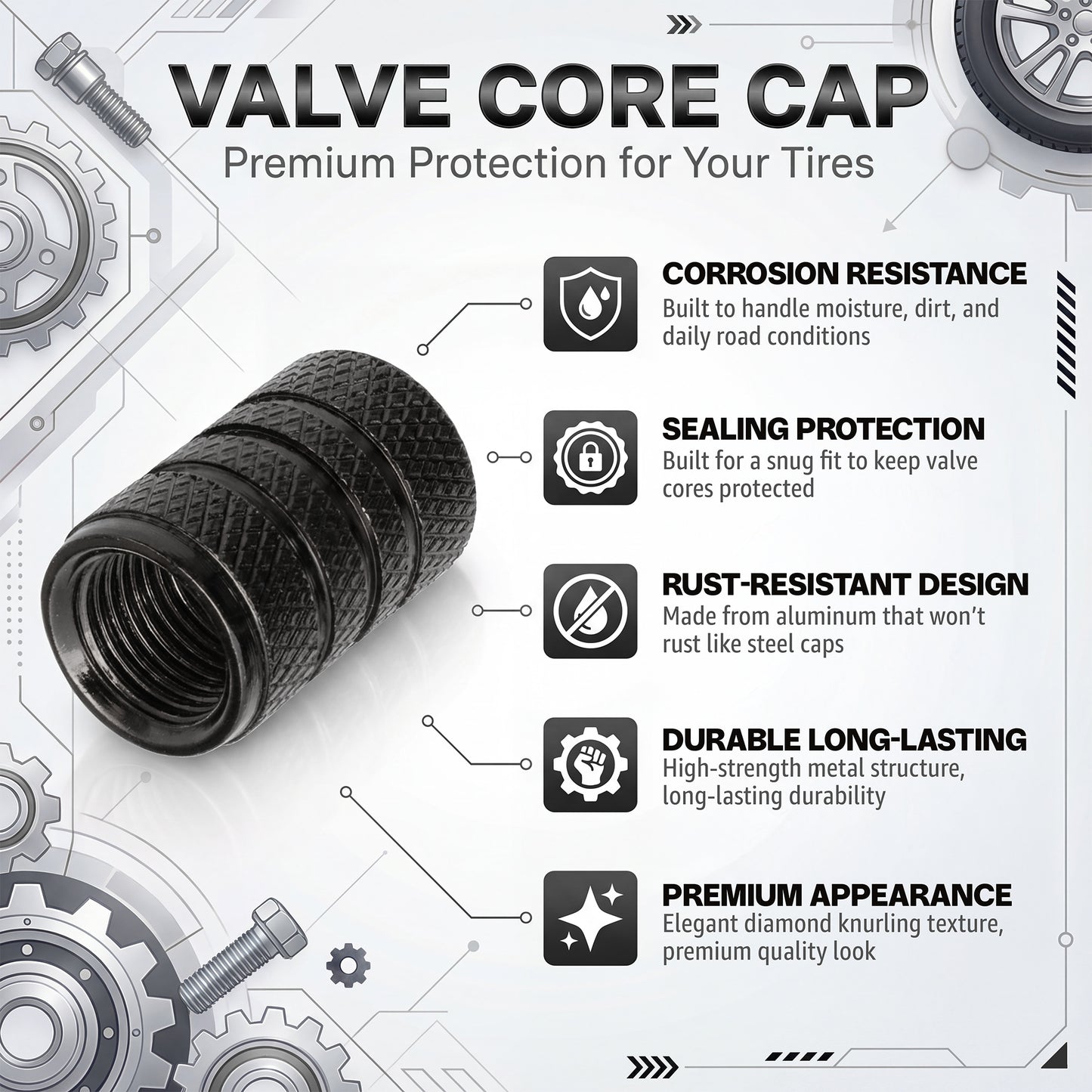 Black Aluminum Tire Valve Caps (4-Pack) – Rust-Resistant Metal Valve Stem Covers