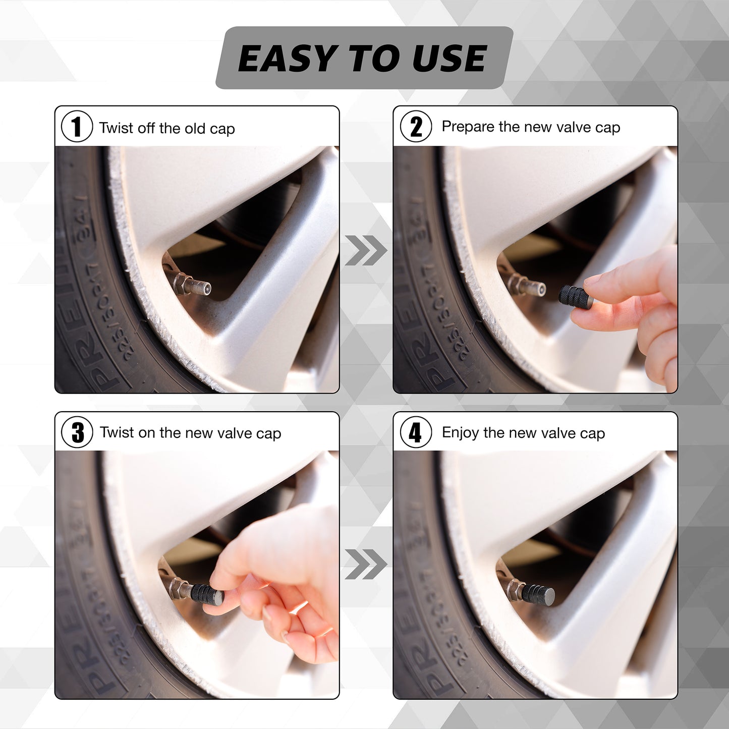 Black Aluminum Tire Valve Caps (4-Pack) – Rust-Resistant Metal Valve Stem Covers